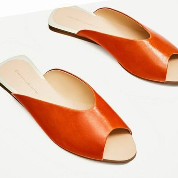 Zara Orange Leather Open-Toe Mules - Picture 1 of 3
